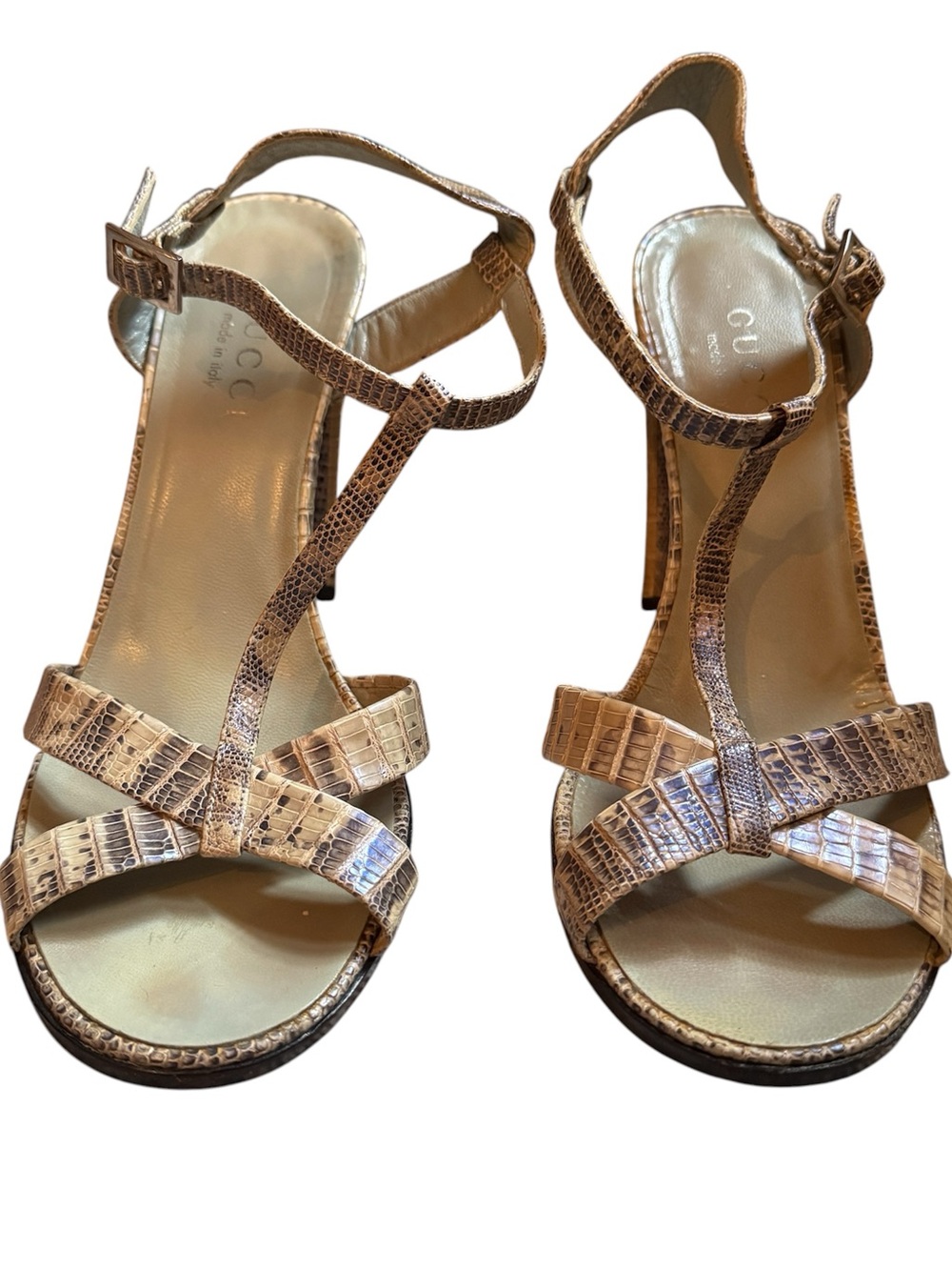 Gucci Women's Vintage Python Leather Strappy Sandals Wood Block Heels 7.5 - Picture 1 of 11